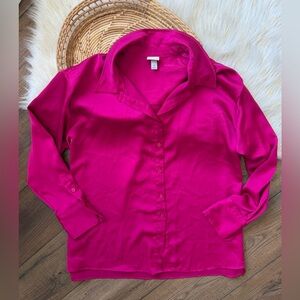 A New Day Pink Magenta Button Down Long Sleeve Satin Blouse Size XXL